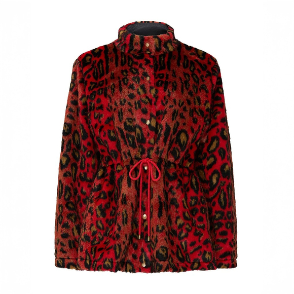 Nicole Miller Red Leopard Faux Fur Anorak Jacket Zip Drawstring Waist - Size P - Picture 2 of 9